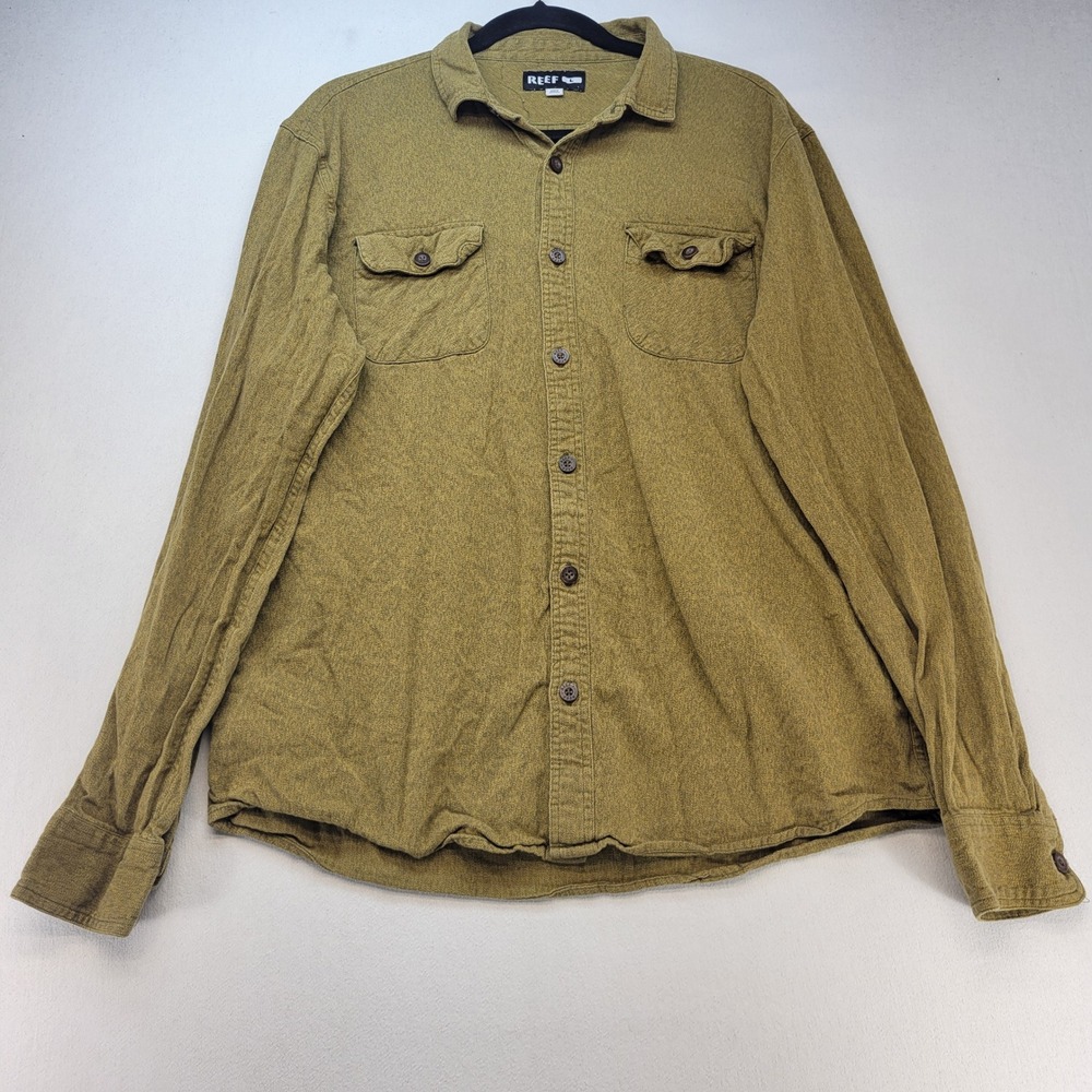 Reef Button Down Shirt Mens Large Green Textured Cotton Long Sleeve Flap Pockets